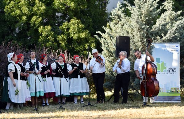 Népviseletes felnőttek zenélnek